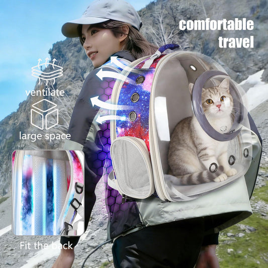 Space capsule cat bubble backpack - woman hiking with cat