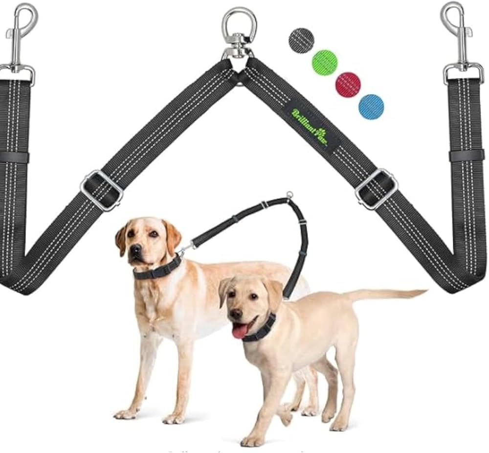 No-tangle double dog walking leash coupler - two dogs