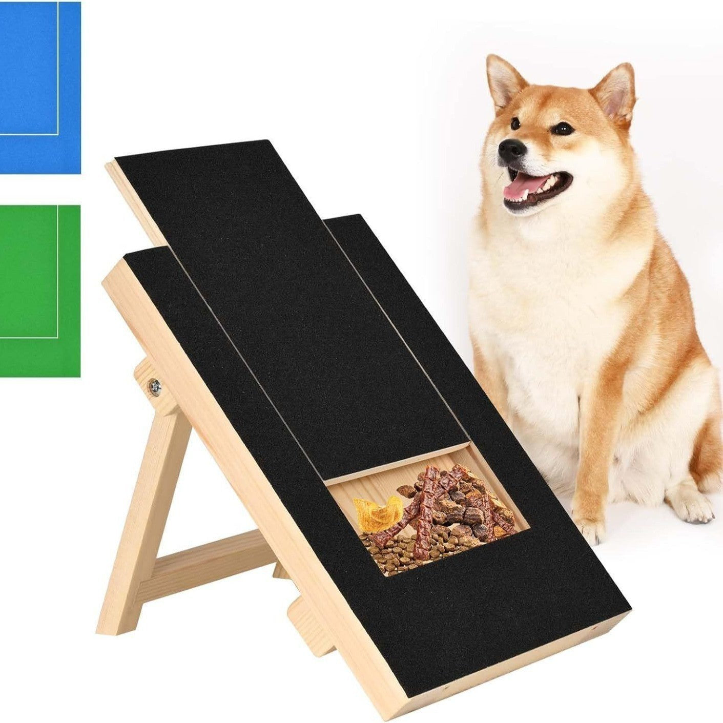 Dog nail scratch board with treat drawer - Shiba Inu using it